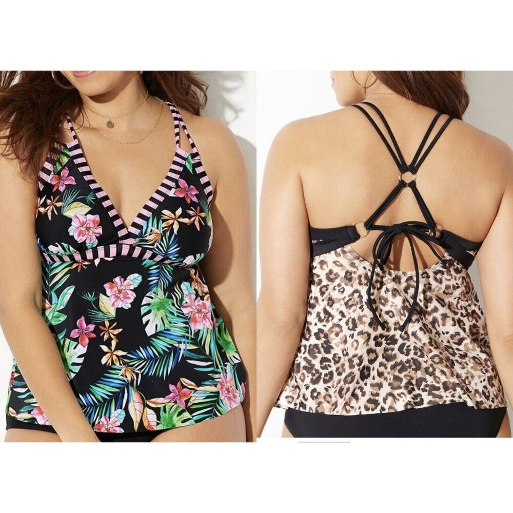 NWT Swimsuits For All Sz PLUS 24 Loop Strap Tankini Swimsuit Top Tropical Floral